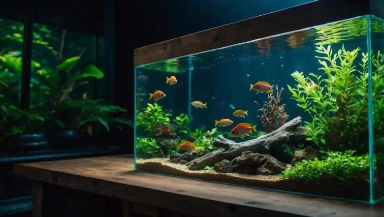 Aquários com troncos e folhas secas para simular ambiente amazônico de peixes neon