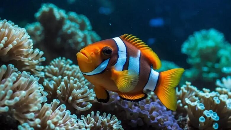 Montagem de aquários marinhos com foco em peixes anêmona e iluminação de espectro azul