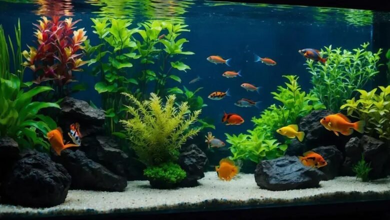 Uso de cascalho escuro em aquários plantados para realçar cores de peixes ornamentais