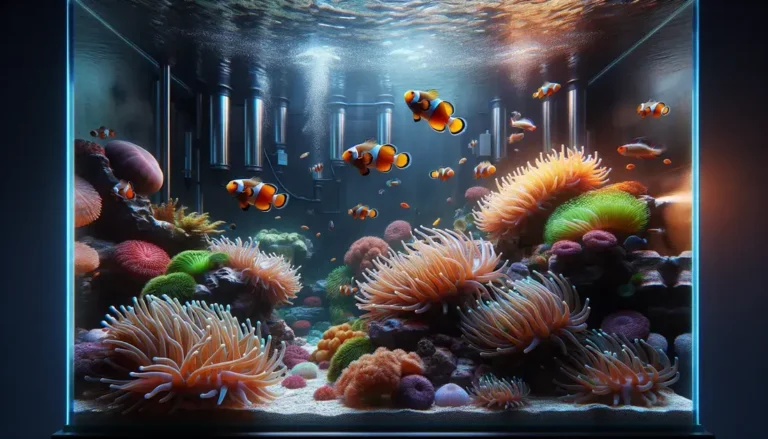 Aquários marinhos com anêmonas e simbiose com peixes-palhaço em ambiente estável